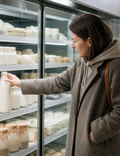 Покупатель выбирает молоко среди свежих молочных продуктов и алтайских сыров в специализированном магазине