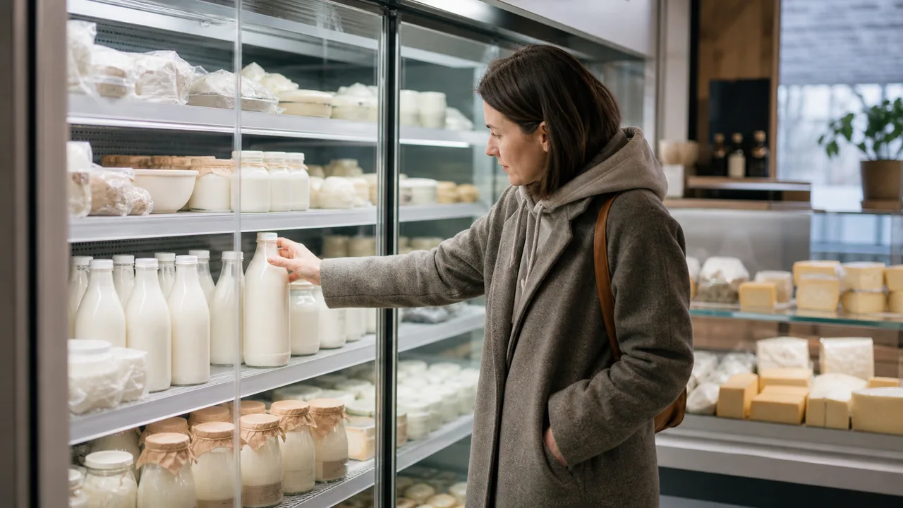 Покупатель выбирает молоко среди свежих молочных продуктов и алтайских сыров в специализированном магазине