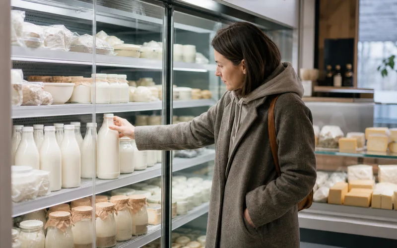Покупатель выбирает молоко среди свежих молочных продуктов и алтайских сыров в специализированном магазине