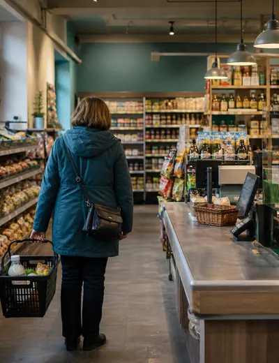 Покупатель в продуктовом магазине у дома