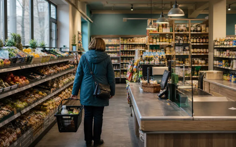 Покупатель в продуктовом магазине у дома